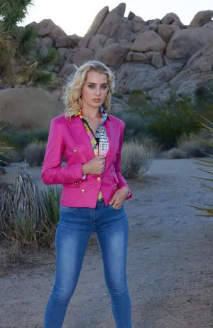 Vegan Leather Blazer with Gold Buttons