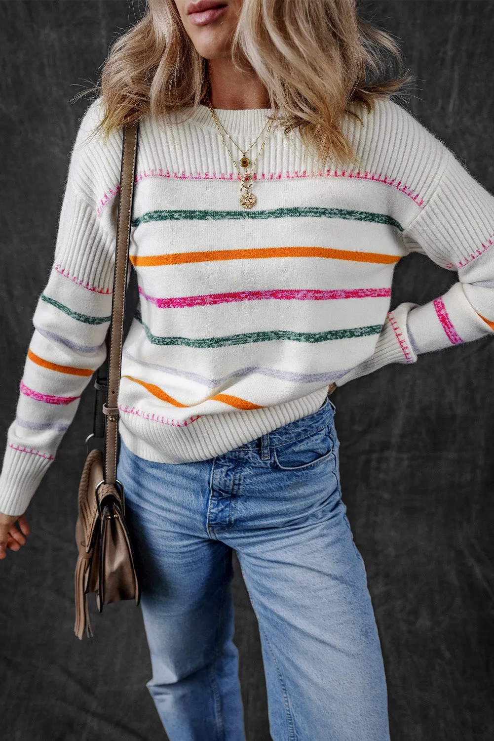White Colorful Striped Knit Sweater