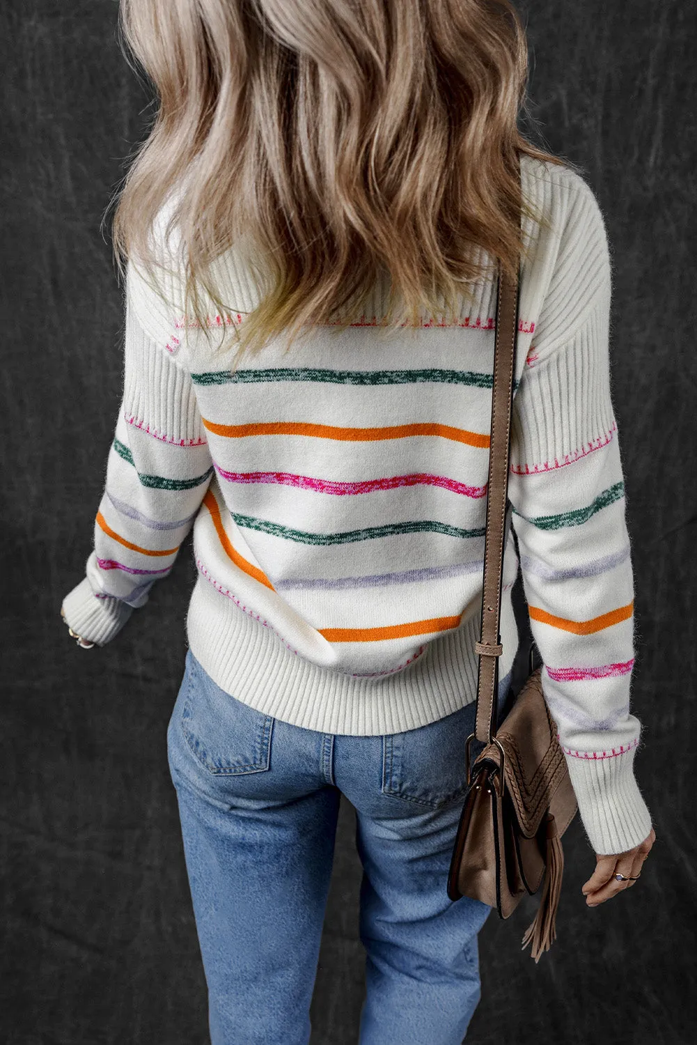 White Colorful Striped Knit Sweater