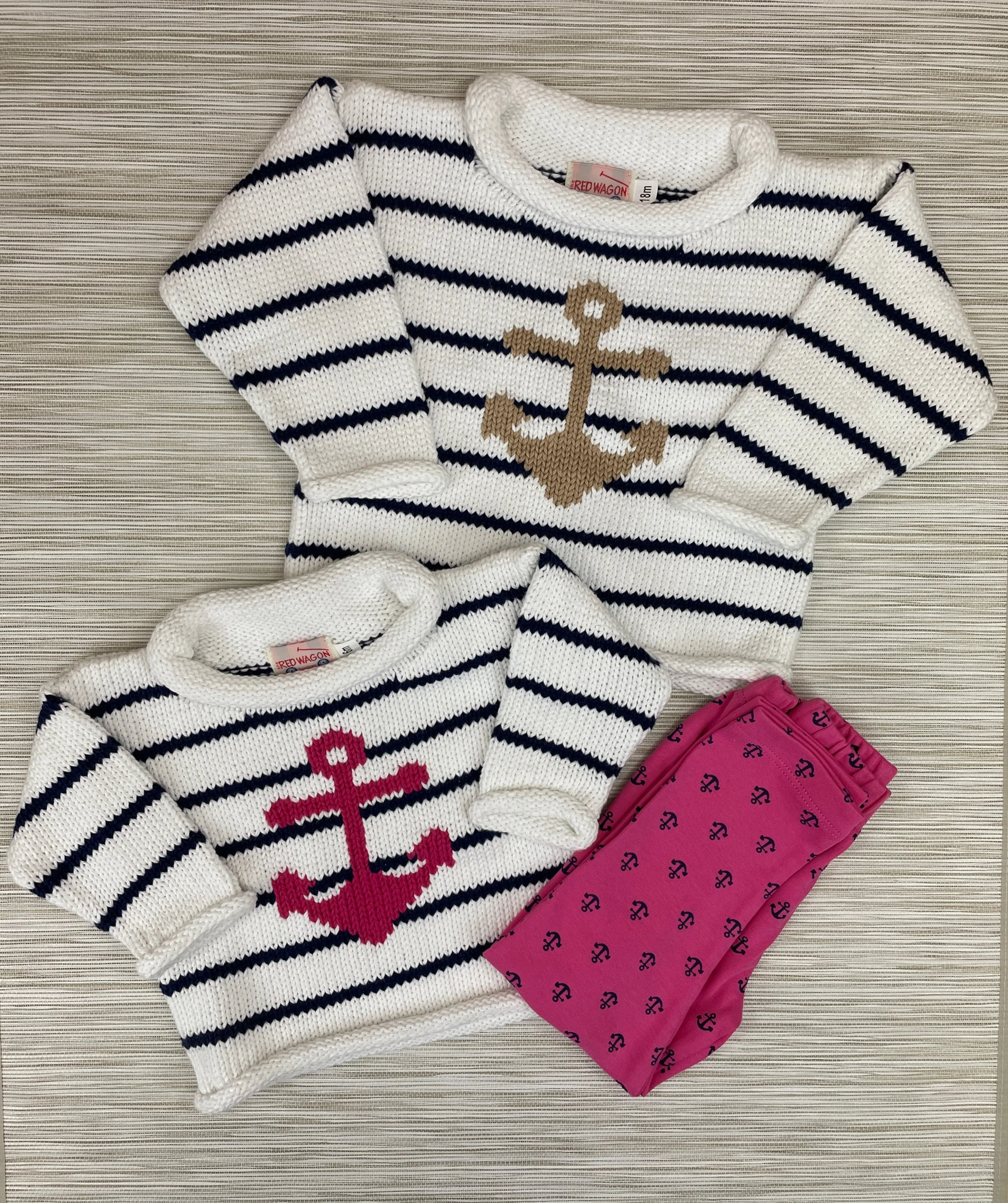 White/Navy Stripe Pink Anchor Roll Neck Sweater