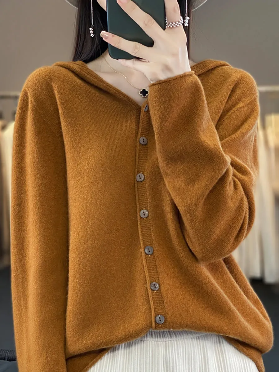Women Autumn 100%Wool Soft Knit Hooded Sweater