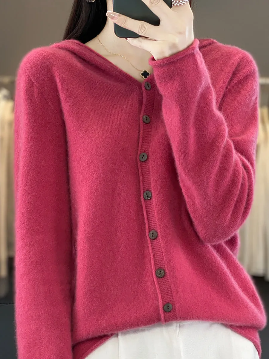 Women Autumn 100%Wool Soft Knit Hooded Sweater