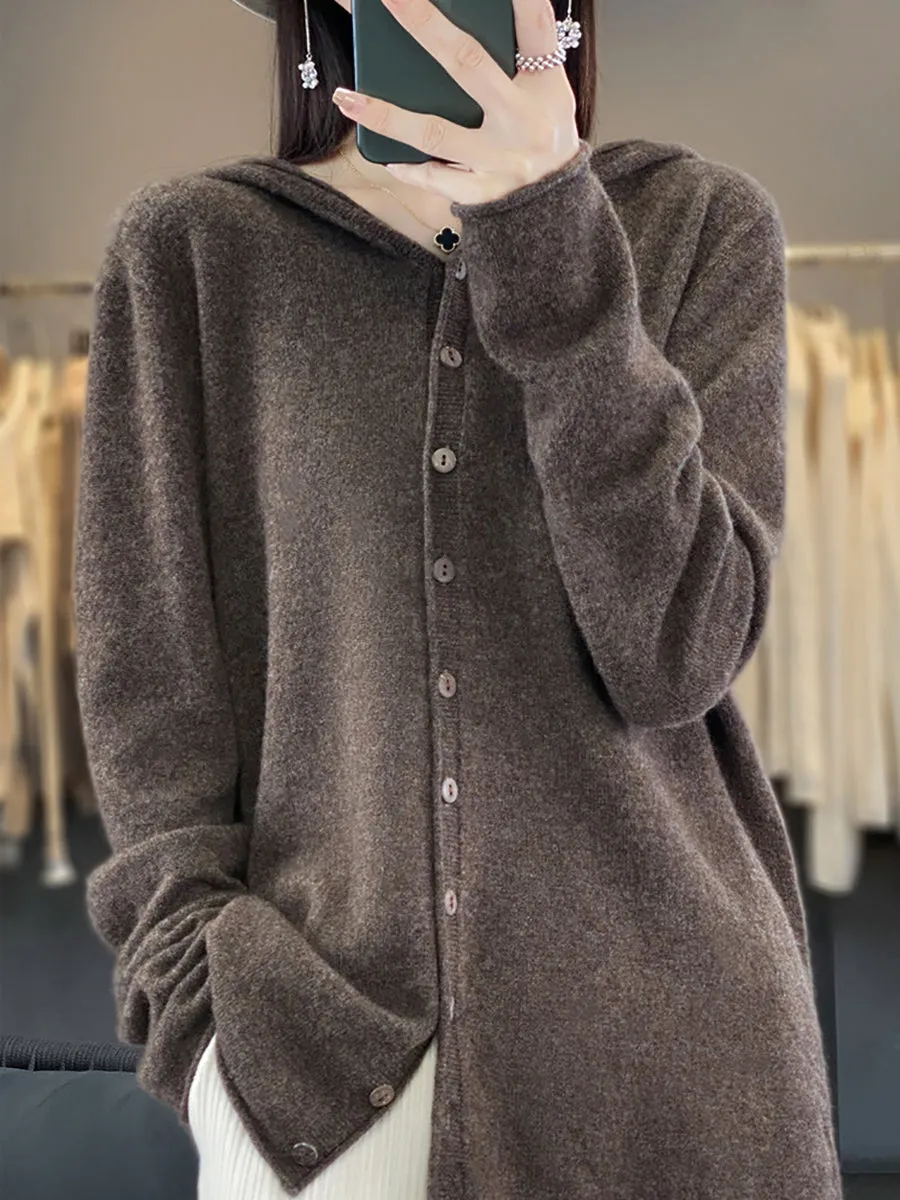 Women Autumn 100%Wool Soft Knit Hooded Sweater