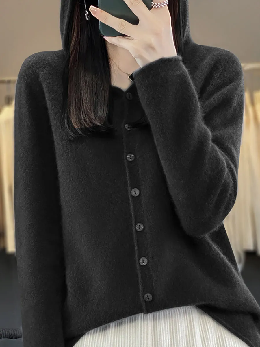 Women Autumn 100%Wool Soft Knit Hooded Sweater
