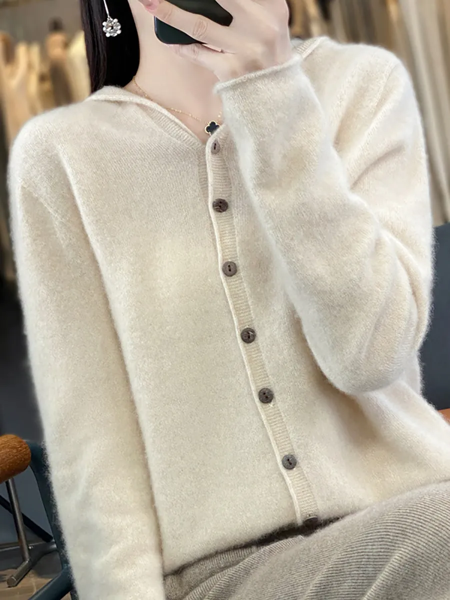 Women Autumn 100%Wool Soft Knit Hooded Sweater