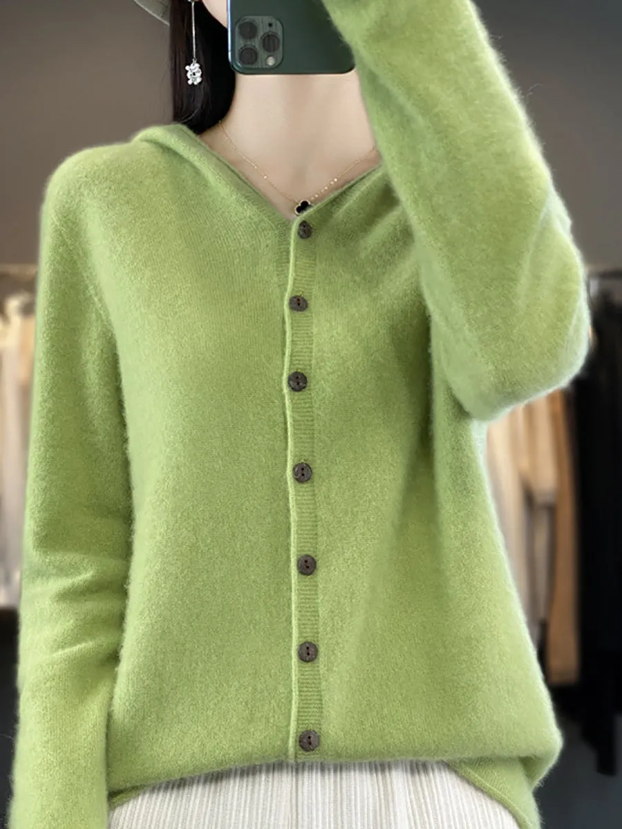 Women Autumn 100%Wool Soft Knit Hooded Sweater