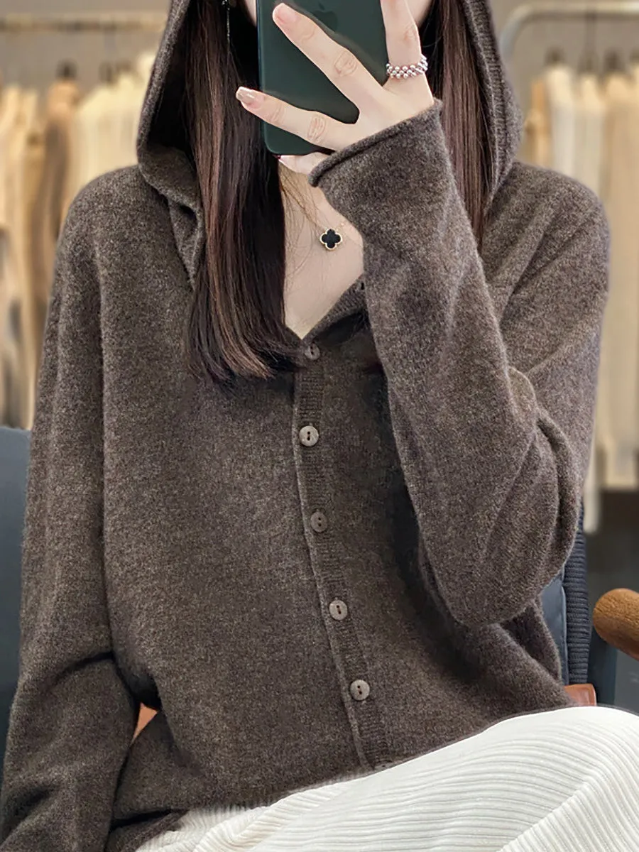 Women Autumn 100%Wool Soft Knit Hooded Sweater
