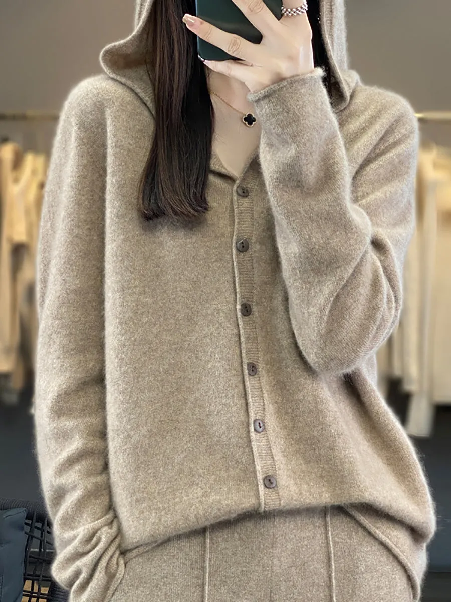 Women Autumn 100%Wool Soft Knit Hooded Sweater