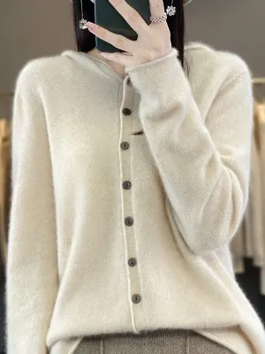 Women Autumn 100%Wool Soft Knit Hooded Sweater