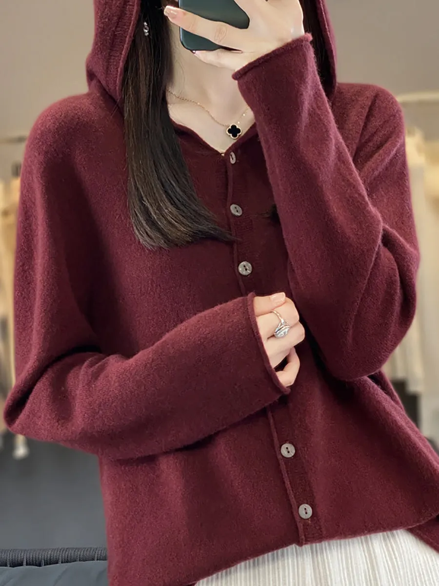 Women Autumn 100%Wool Soft Knit Hooded Sweater