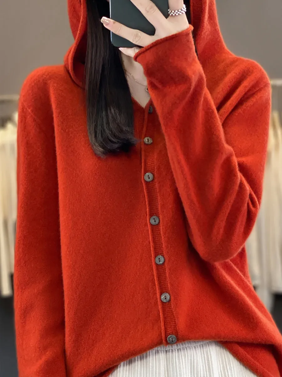 Women Autumn 100%Wool Soft Knit Hooded Sweater