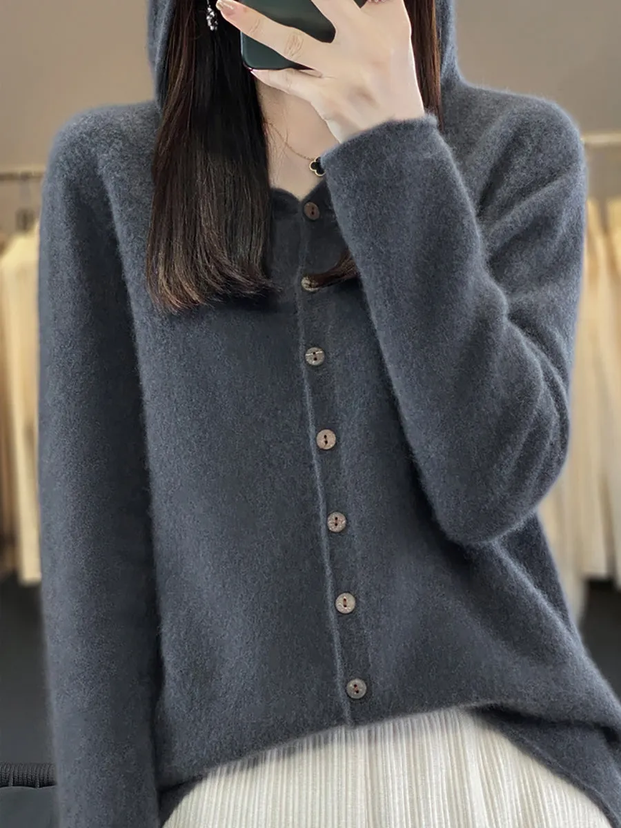 Women Autumn 100%Wool Soft Knit Hooded Sweater