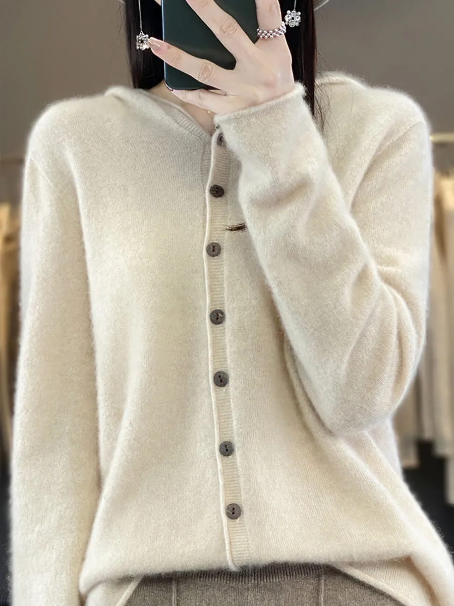Women Autumn 100%Wool Soft Knit Hooded Sweater