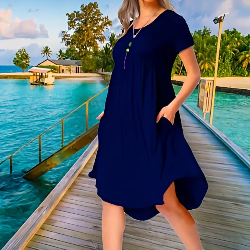 Women’s Irregular O-Neck Short Sleeve Loose Dress with Pockets – Comfortable & Stylish Summer Dress