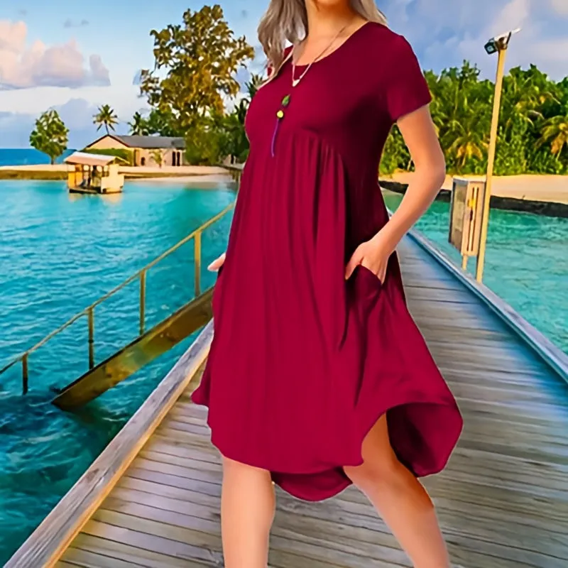 Women’s Irregular O-Neck Short Sleeve Loose Dress with Pockets – Comfortable & Stylish Summer Dress