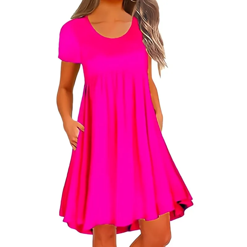 Women’s Irregular O-Neck Short Sleeve Loose Dress with Pockets – Comfortable & Stylish Summer Dress