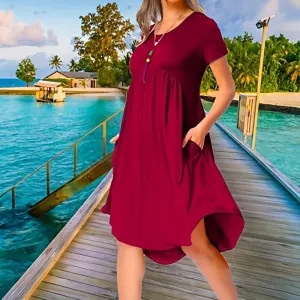 Women’s Irregular O-Neck Short Sleeve Loose Dress with Pockets – Comfortable & Stylish Summer Dress
