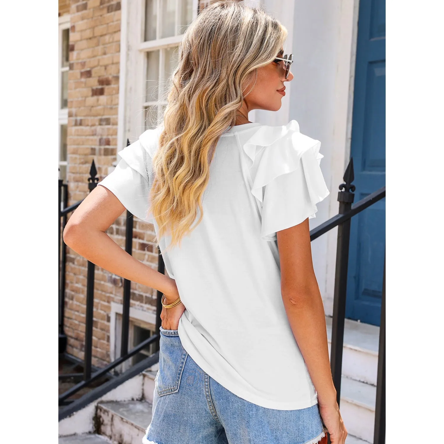 Women's Ruffle Sleeve Tops - Casual Summer Crew-Neck Tees