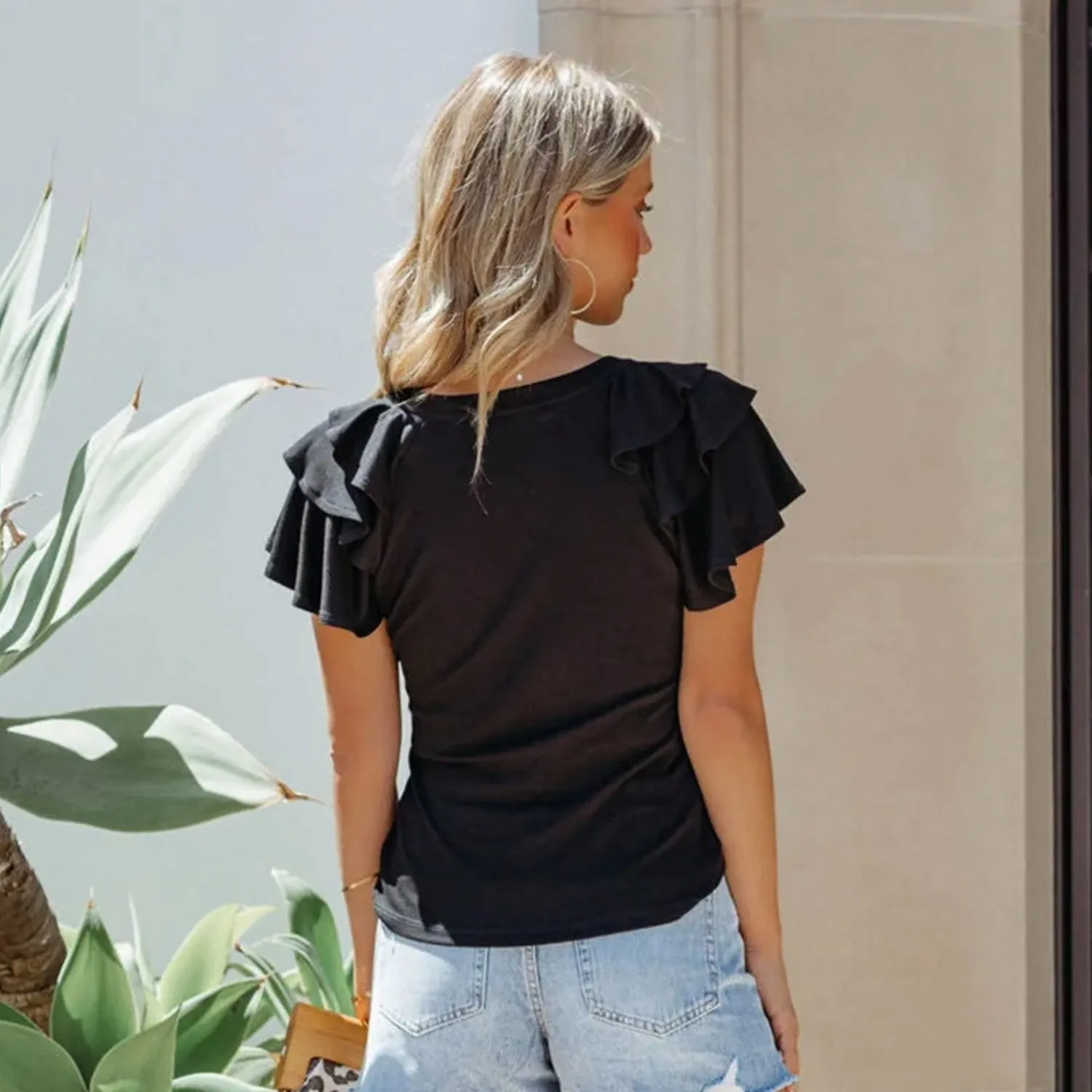 Women's Ruffle Sleeve Tops - Casual Summer Crew-Neck Tees
