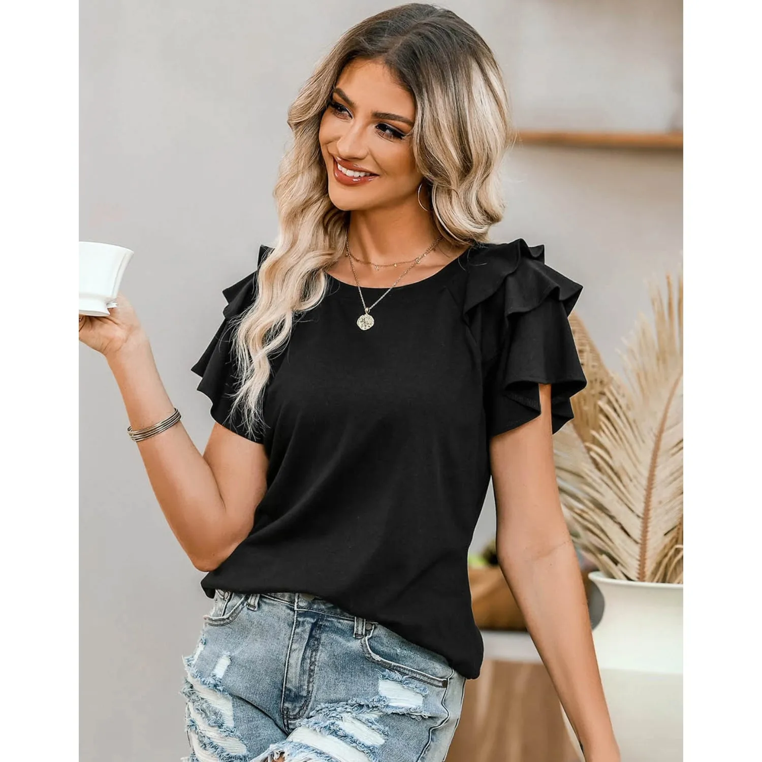 Women's Ruffle Sleeve Tops - Casual Summer Crew-Neck Tees