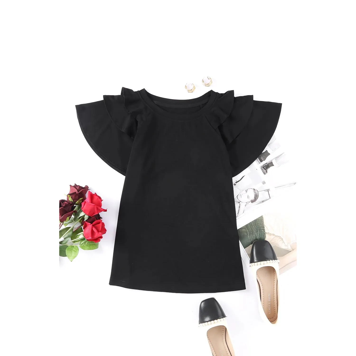 Women's Ruffle Sleeve Tops - Casual Summer Crew-Neck Tees
