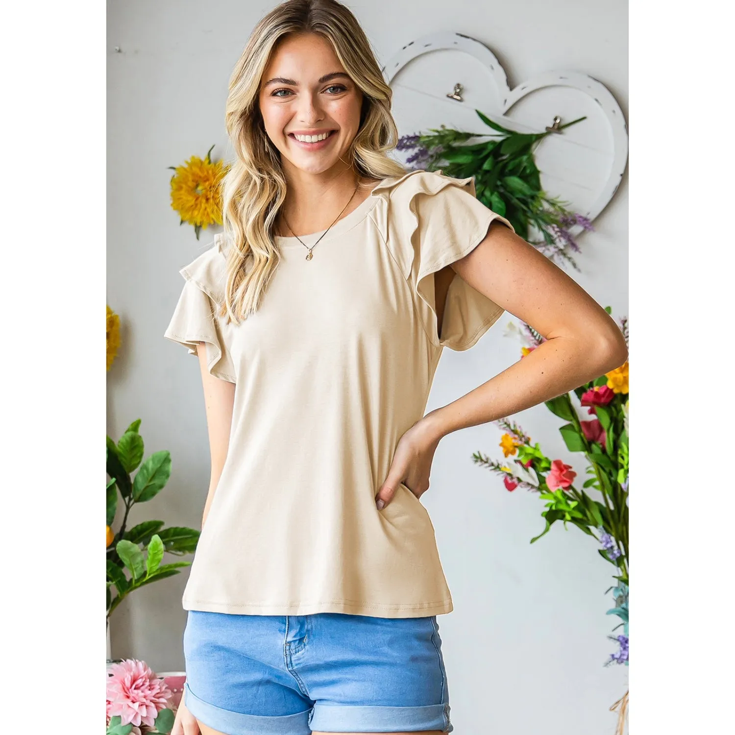 Women's Ruffle Sleeve Tops - Casual Summer Crew-Neck Tees