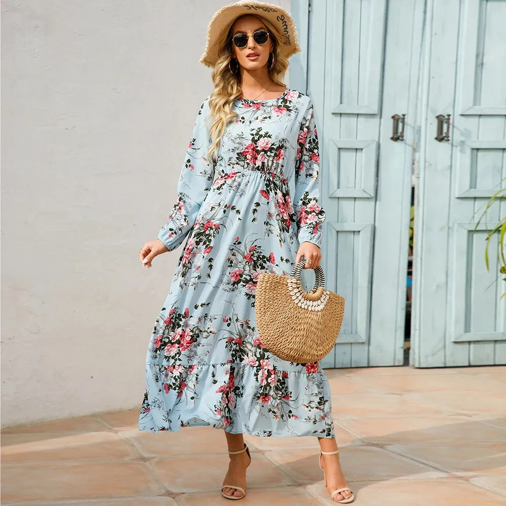 XIBUSANA 2024 Spring Summer Bohemian Women Maxi Dress - Casual Long Sleeve High Waist Beach Chiffon Floral Dress